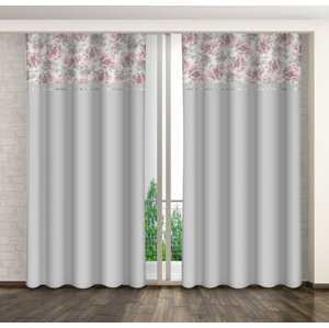 Világosszürke dekoratív függöny rózsaszín pünkösdi rózsaszínű mintával Szélesség: 160 cm | Hossz: 250 cm