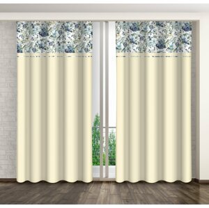 Krémszínű dekoratív függöny gyönyörű kék virágok nyomtatásával Szélesség: 160 cm | Hossz: 270 cm