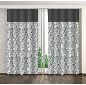 Bézs színű függöny kék virágmintával és sötétszürke szegéllyel Szélesség: 160 cm | Hossz: 250 cm
